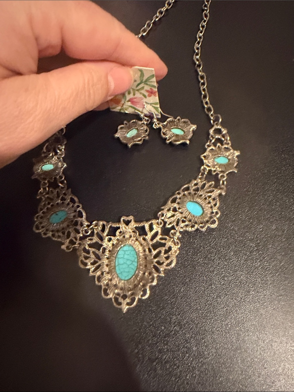 Costume Faux Turquoise Stone Filigree Necklace and Earrings Set - Picture 2 of 2